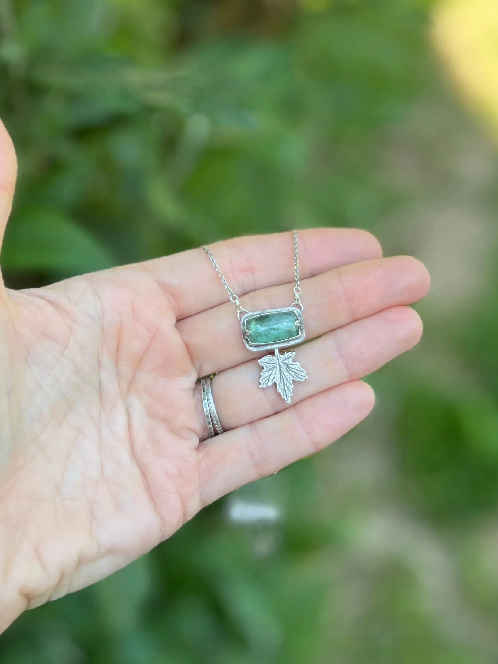 Emerald Green Kyanite Rectangle Necklace with Maple Leaf Accent ￼