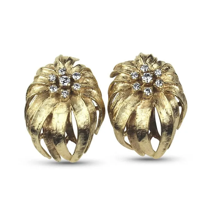 Estate 14K Yellow Gold Diamond Floral Stud Earrings