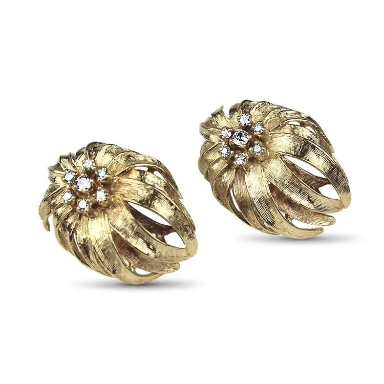 Estate 14K Yellow Gold Diamond Floral Stud Earrings