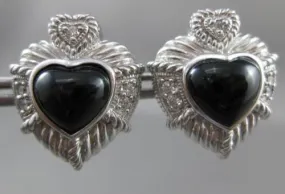 ESTATE SILVER 925 ONYX & WHITE SAPPHIRE HEART JUDITH RIPKA EARRINGS CUTE! #20651