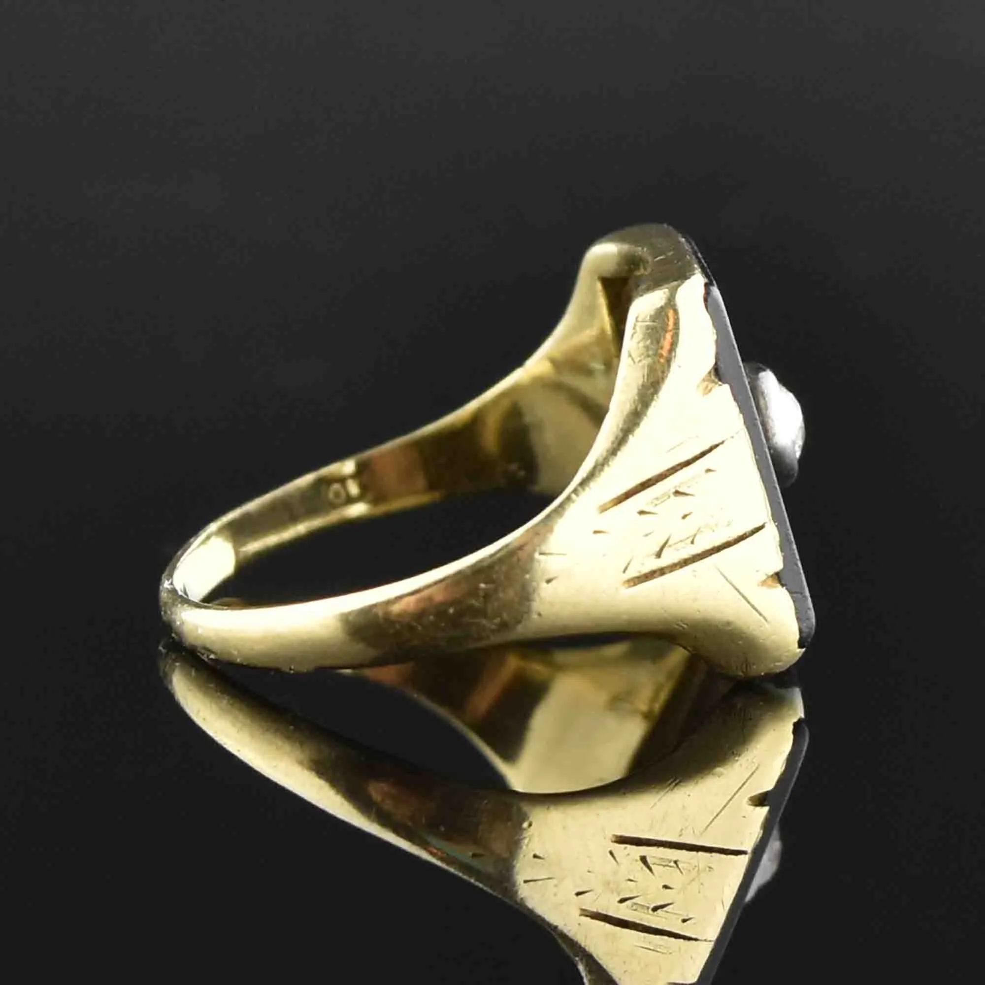 Etched Gold Diamond Onyx Statement Ring