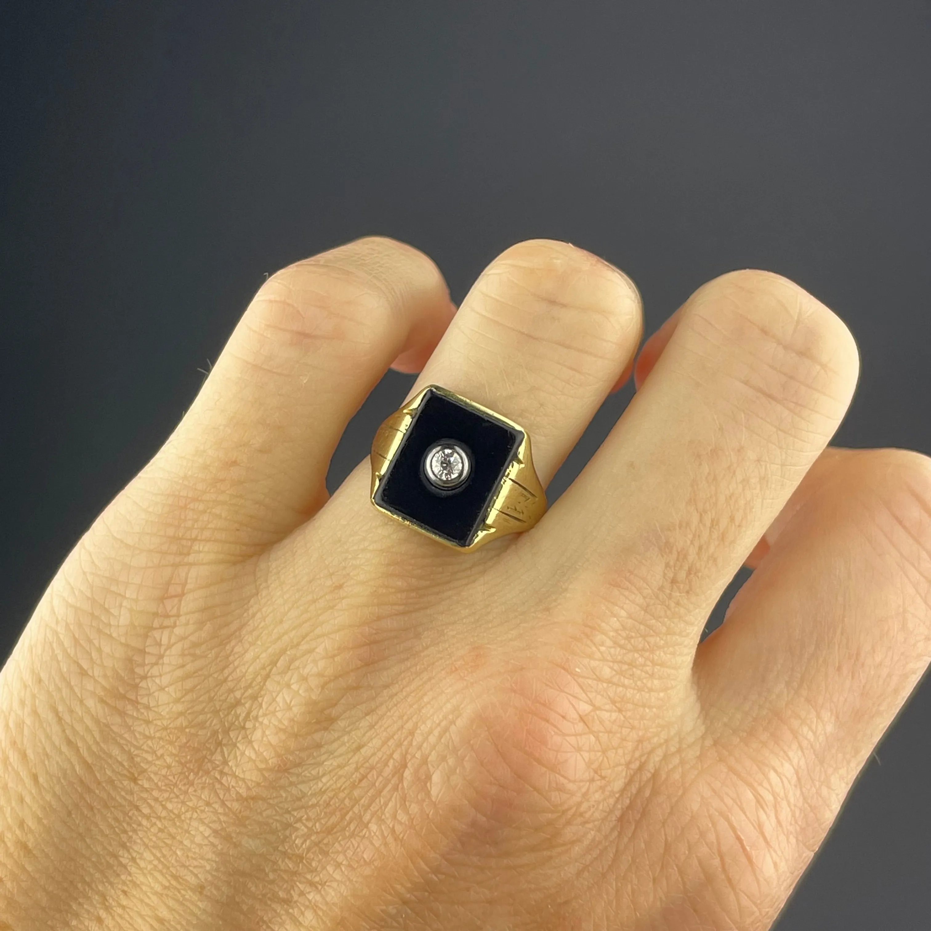 Etched Gold Diamond Onyx Statement Ring