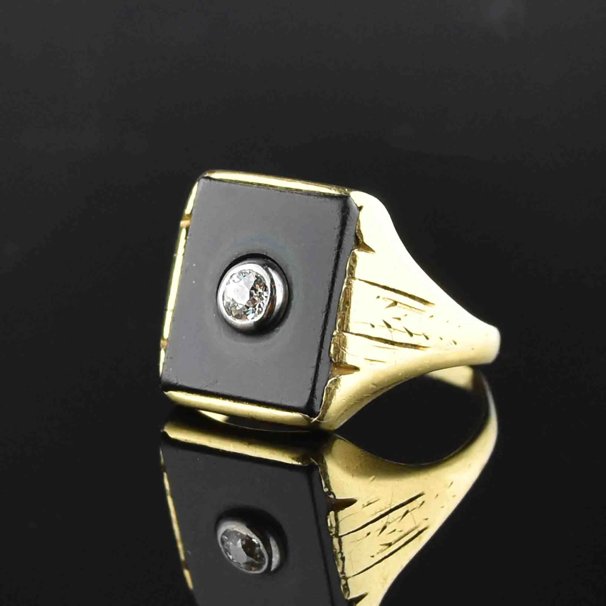 Etched Gold Diamond Onyx Statement Ring