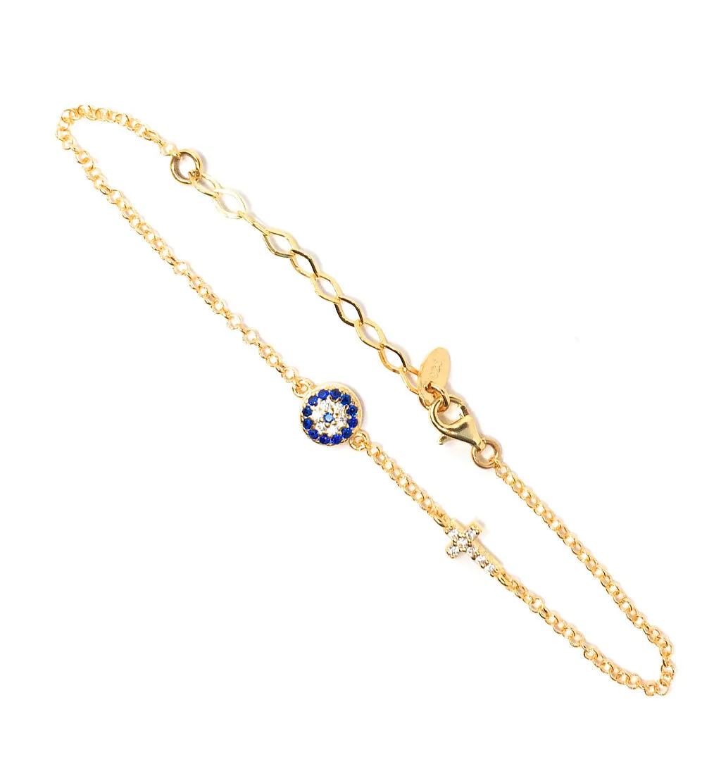 Evil Eye and Cross Bracelet Sterling Silver Evil Eye Bracelet with Cubic Zirconia Stones