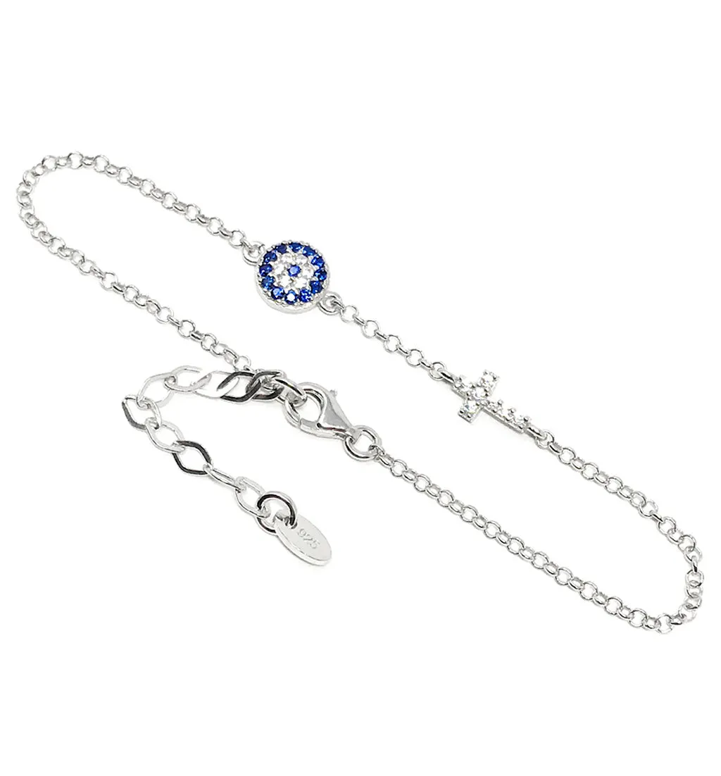 Evil Eye and Cross Bracelet Sterling Silver Evil Eye Bracelet with Cubic Zirconia Stones