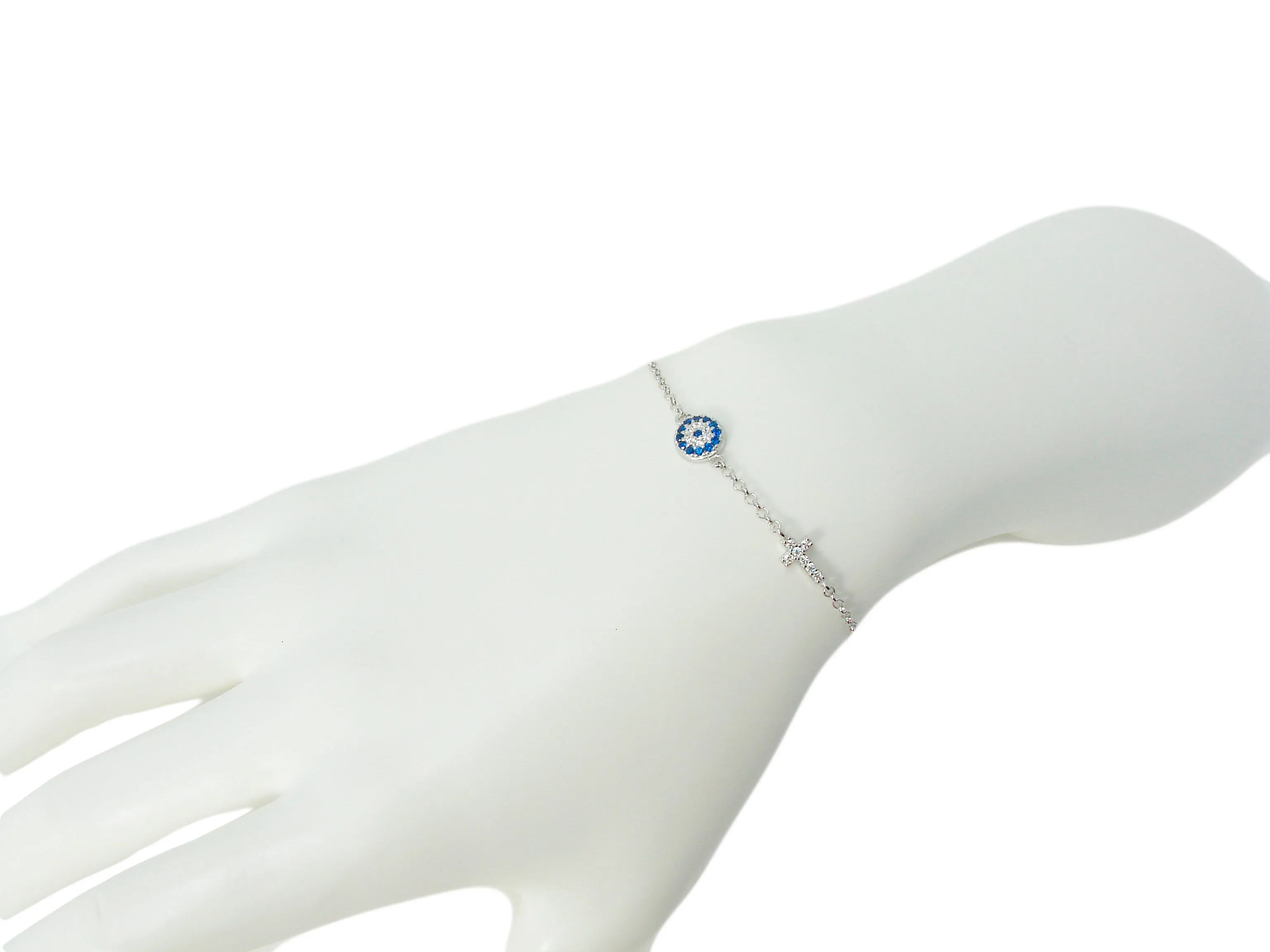 Evil Eye and Cross Bracelet Sterling Silver Evil Eye Bracelet with Cubic Zirconia Stones