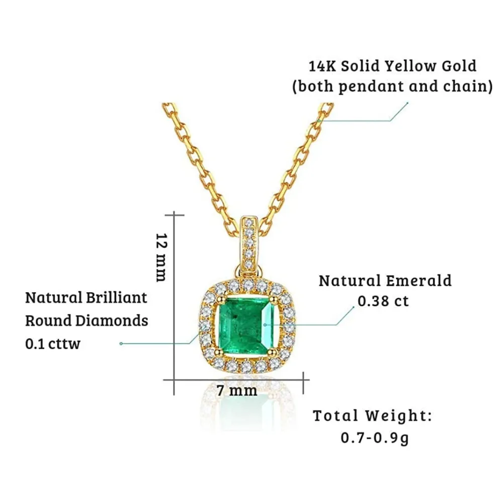 FANCIME "Liza" Vivid Green Emerald 14K Solid Real Yellow Gold Necklace