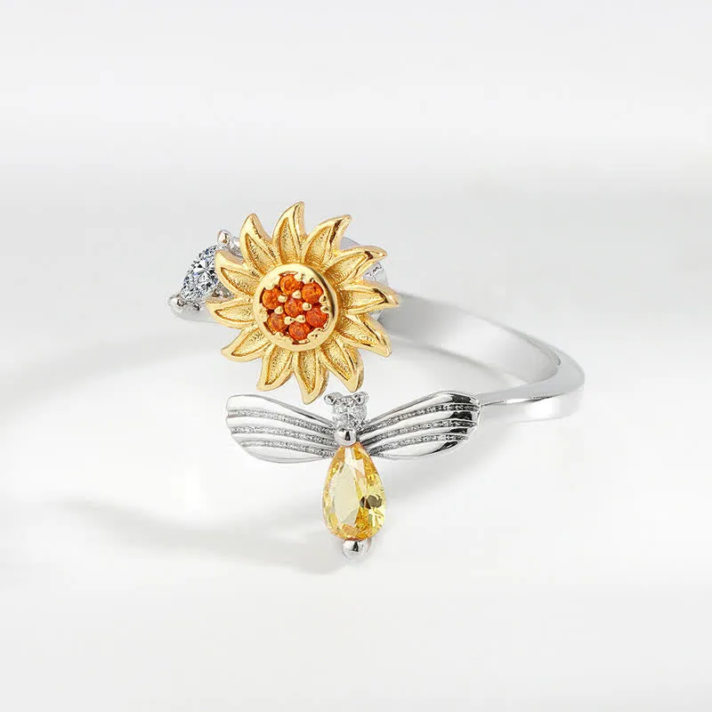 Fidget Spinning Sunflower Rose Bee Adjustable Ring