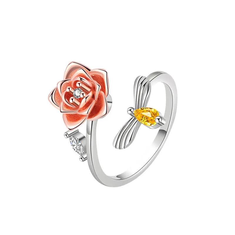 Fidget Spinning Sunflower Rose Bee Adjustable Ring