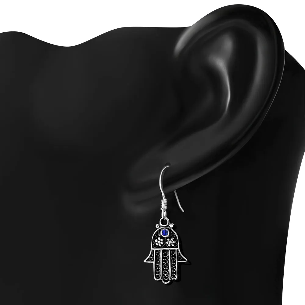 Filigree work Hamsa Earring with Blue Sapphire  CZ