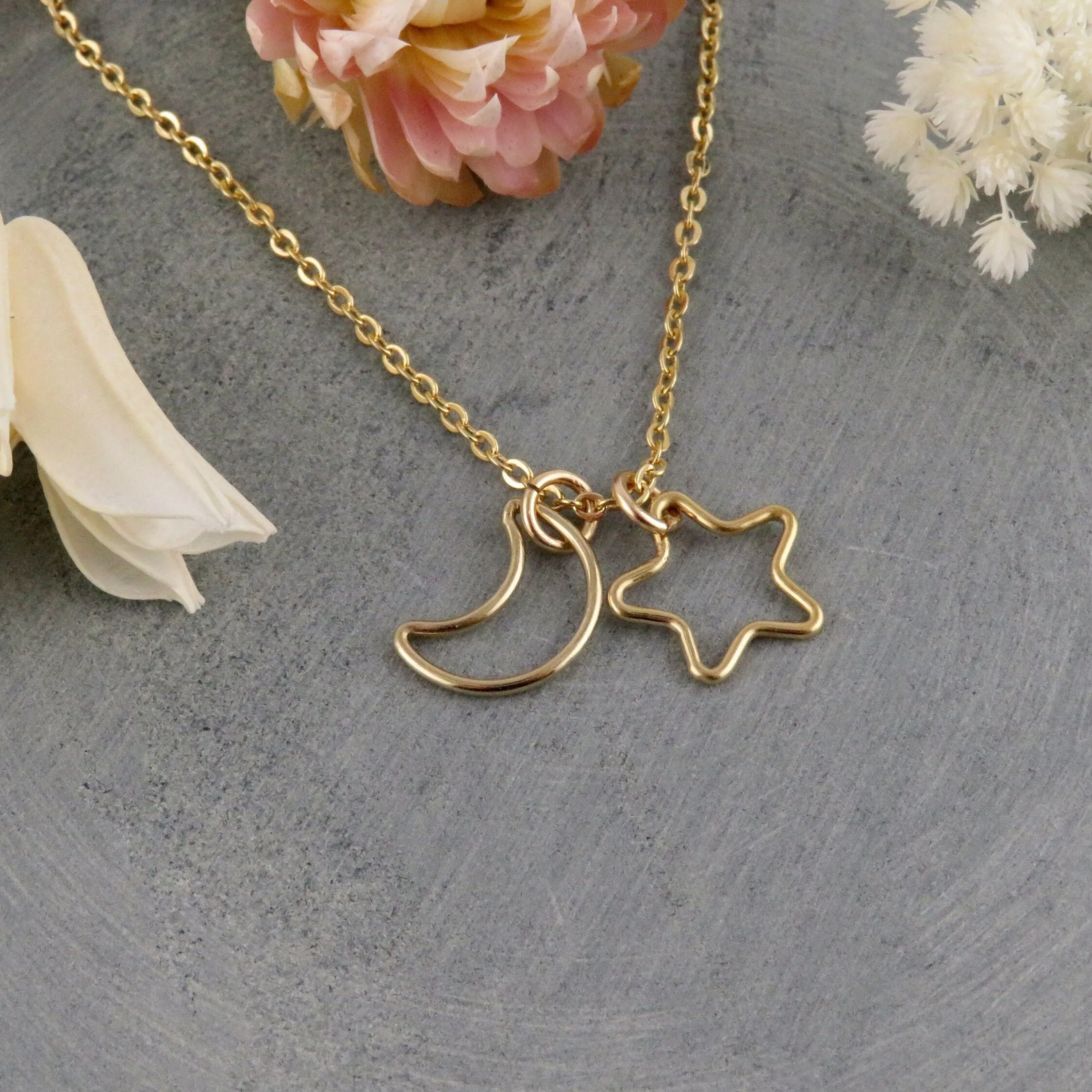 Fine Open Moon and Star Necklace