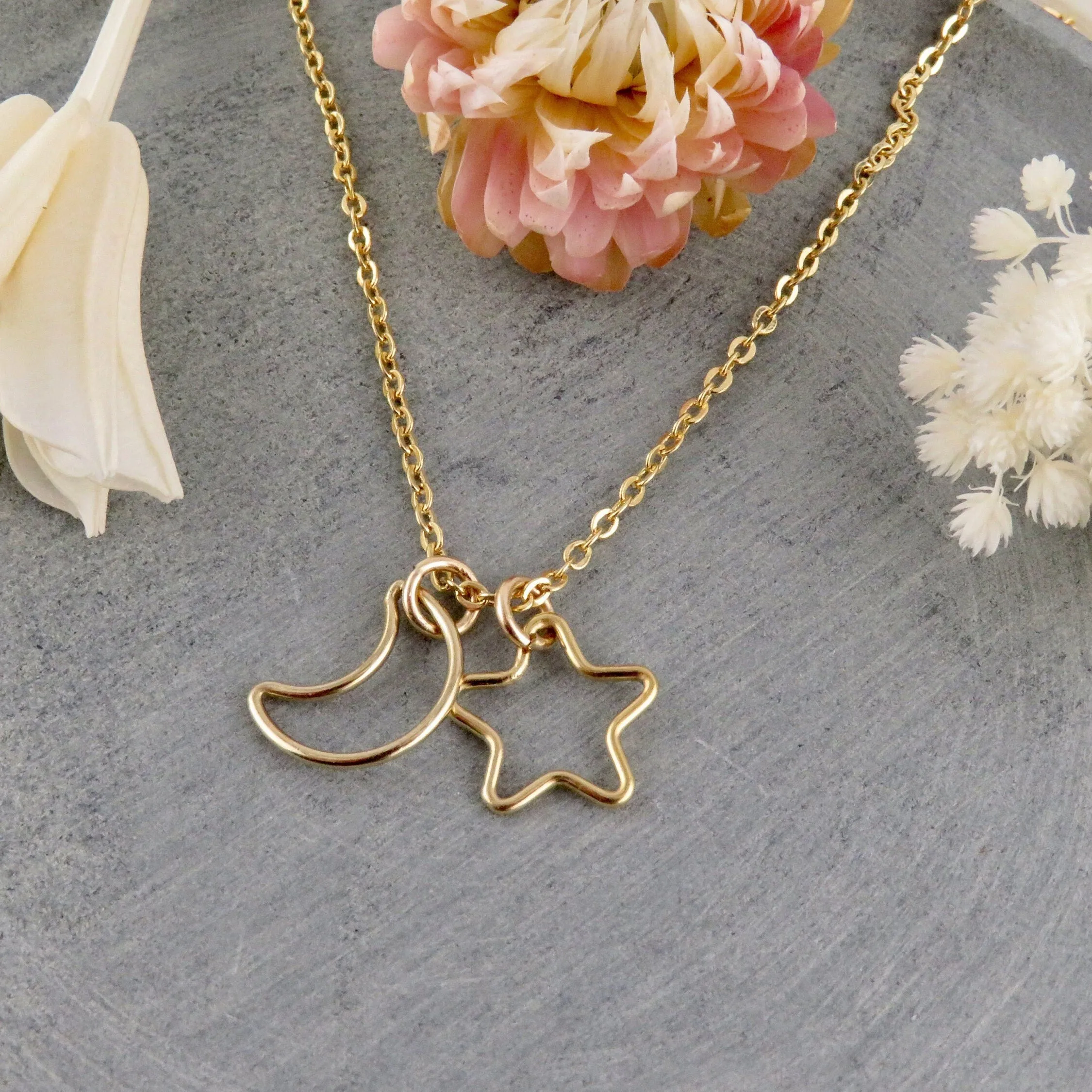 Fine Open Moon and Star Necklace