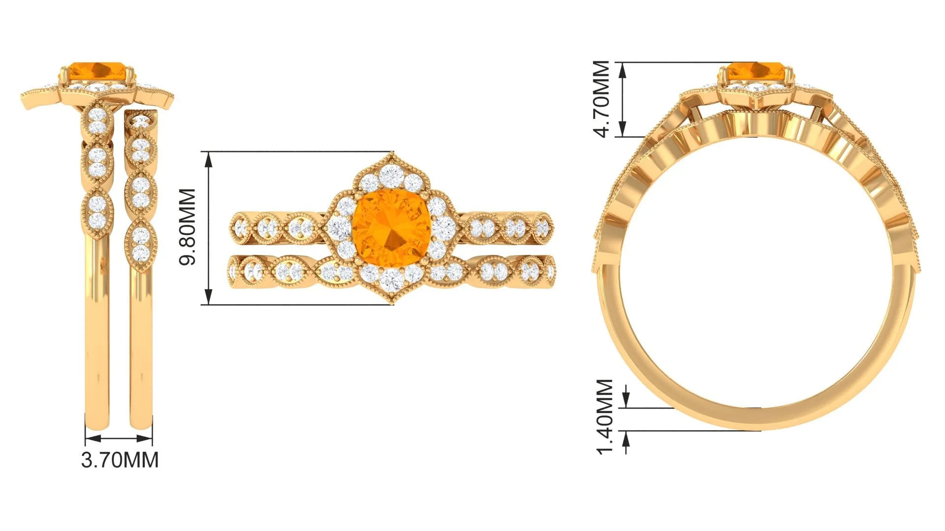 Fire Opal Flower Ring Set with Diamond and Beaded