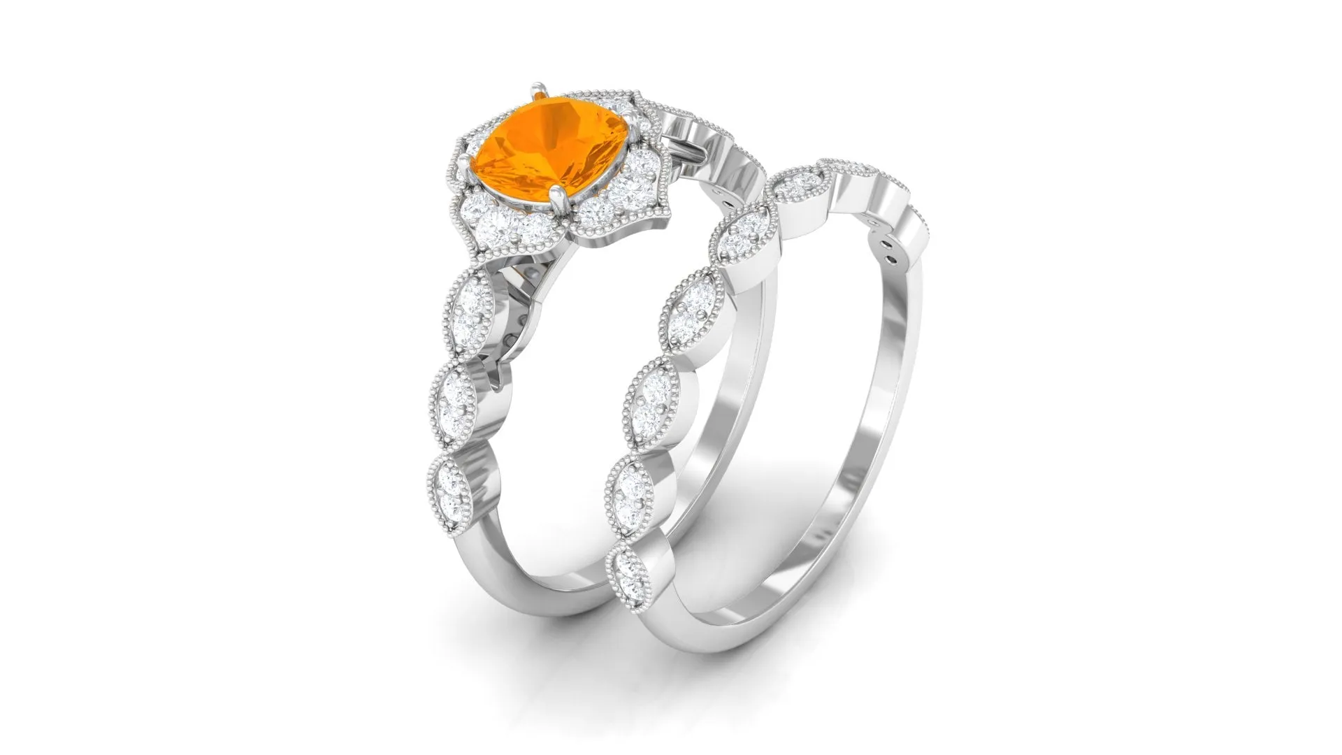 Fire Opal Flower Ring Set with Diamond and Beaded