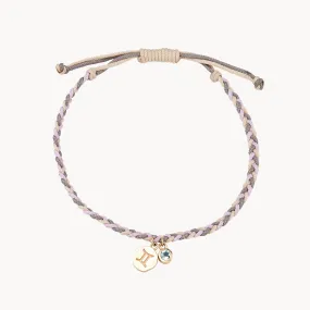 gemini zodiac air element cord bracelet - 10k yellow gold, aquamarine, cord