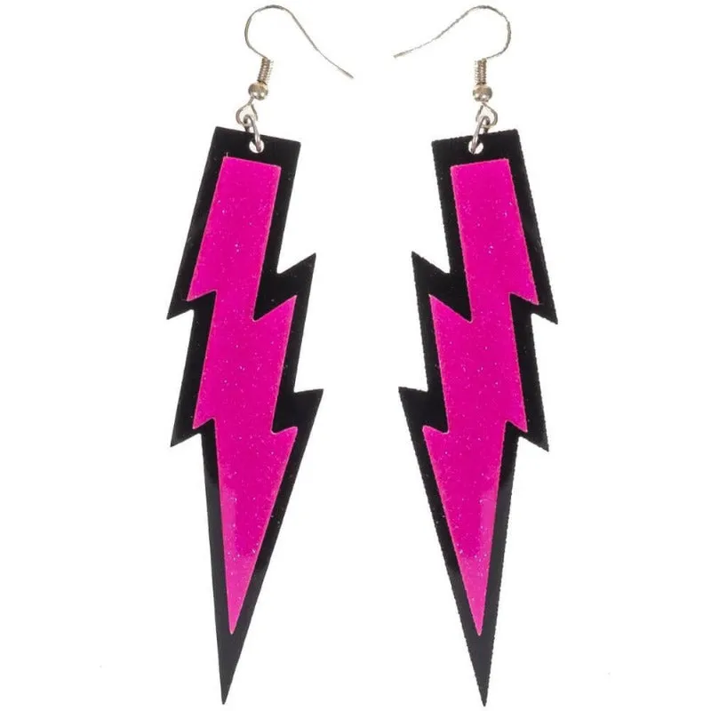 Glittery Neon 80's Lightning Bolt Earrings - Asst Colours