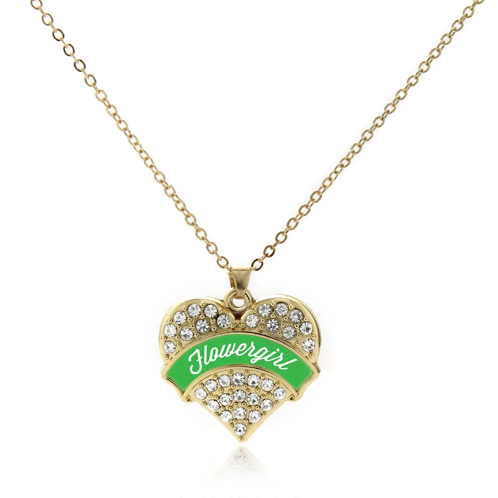 Gold Emerald Green Flower Girl Pave Heart Charm Classic Necklace