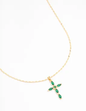 Gold Plated Cubic Zirconia Emerald Marquise Cross Necklace