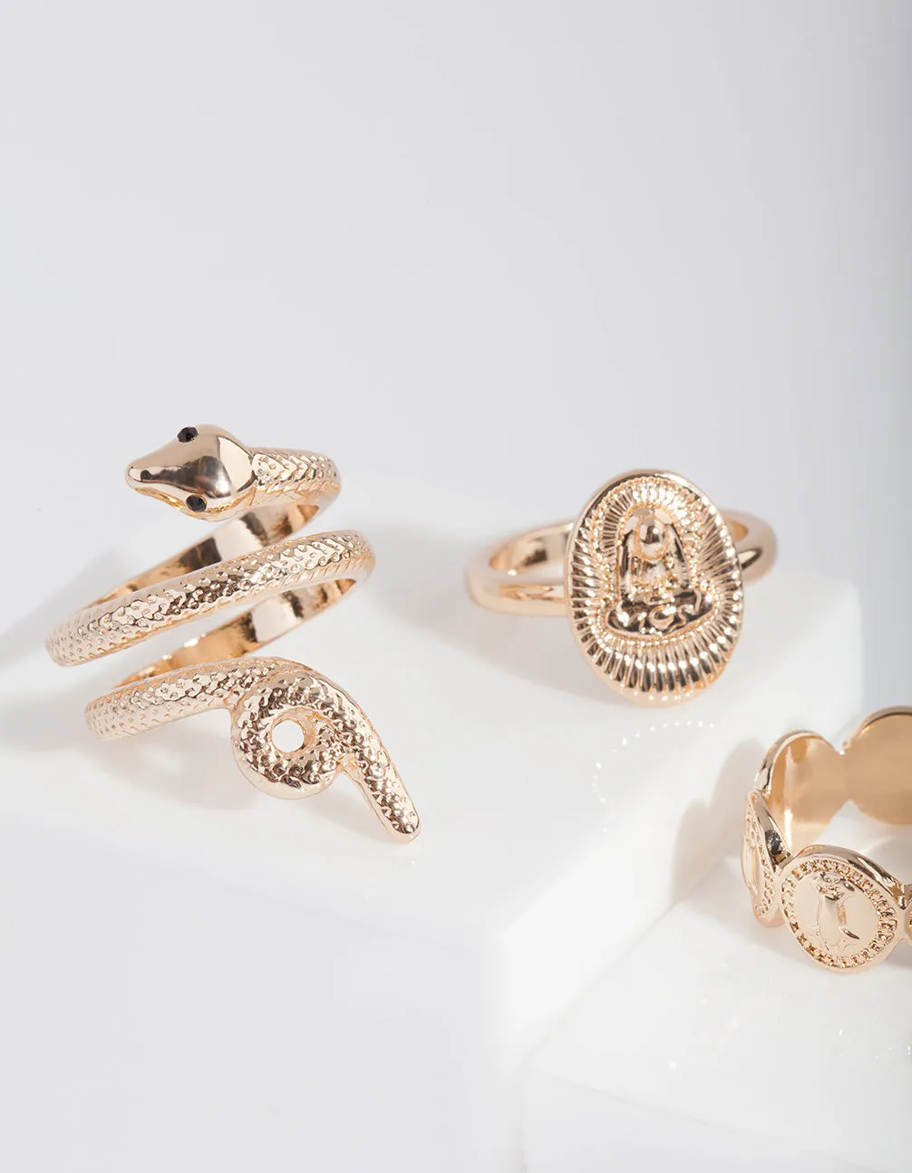 Gold Snake & Disc Ring 4-Pack