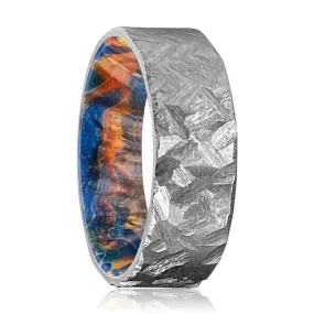 GRANTHAM | Blue & Yellow/Orange Wood, Silver Titanium Ring, Hammered, Flat