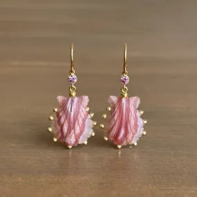 Hand Carved Laguna Agate Pink Sapphire Scallop Earrings