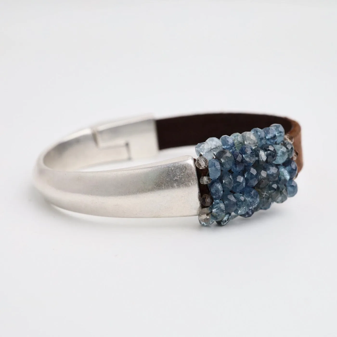 Hand Stitched Large Blue Moss Aquamarine Half Cuff Bracelet