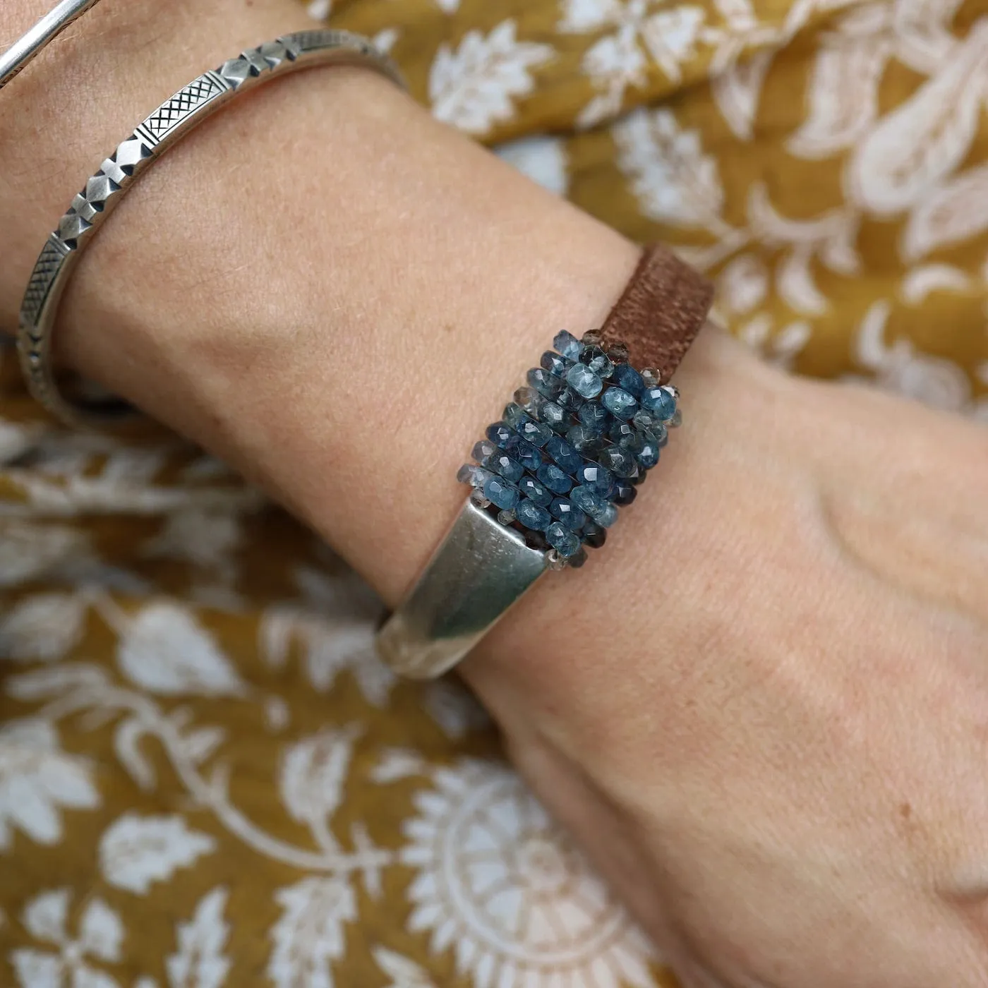 Hand Stitched Large Blue Moss Aquamarine Half Cuff Bracelet