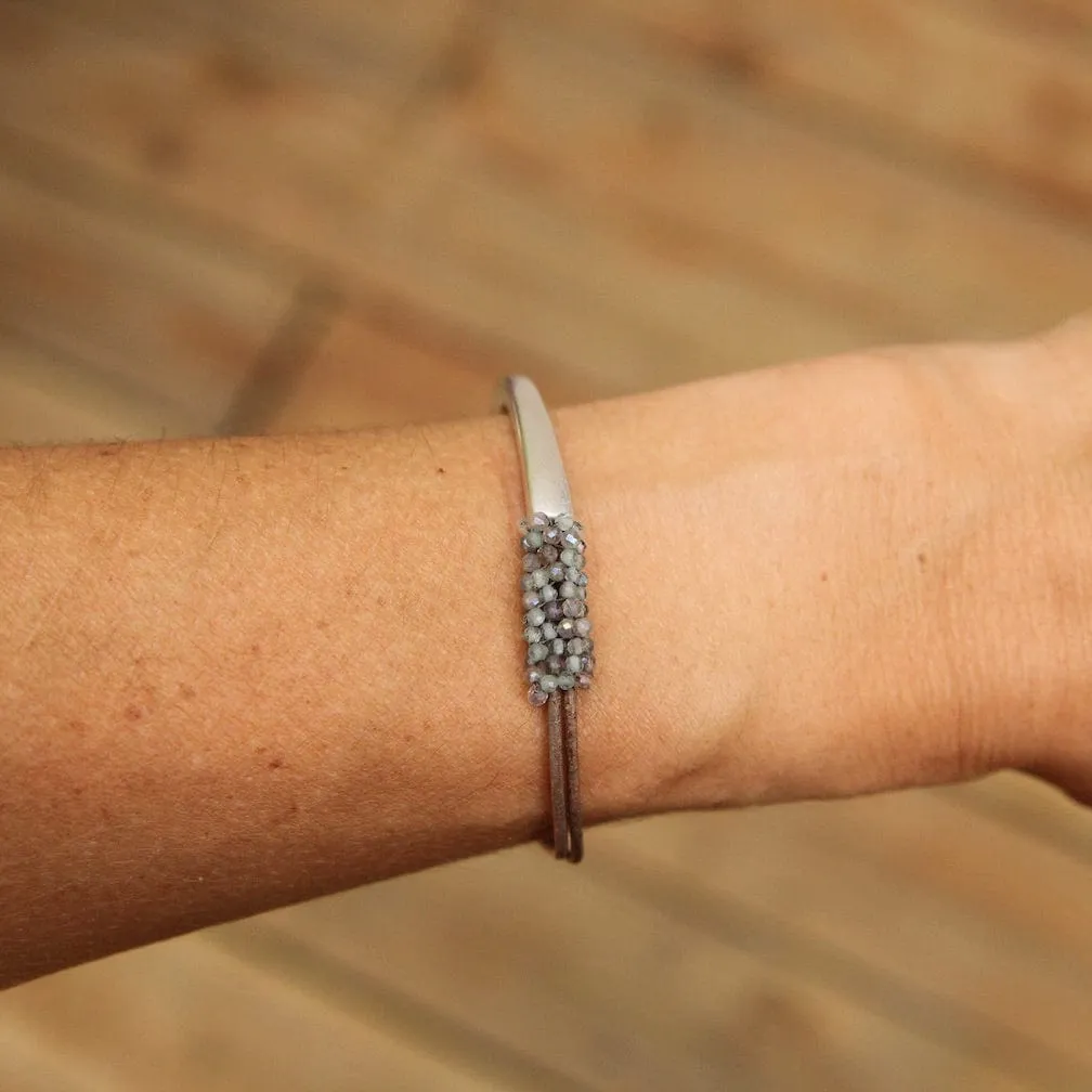 Hand Stitched Tiny Aquamarine and Labradorite Leather Cuff Bracelet