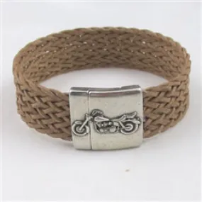 Handcrafted Men's Tan Braided Leather Bracelet Motor Cycle Motif