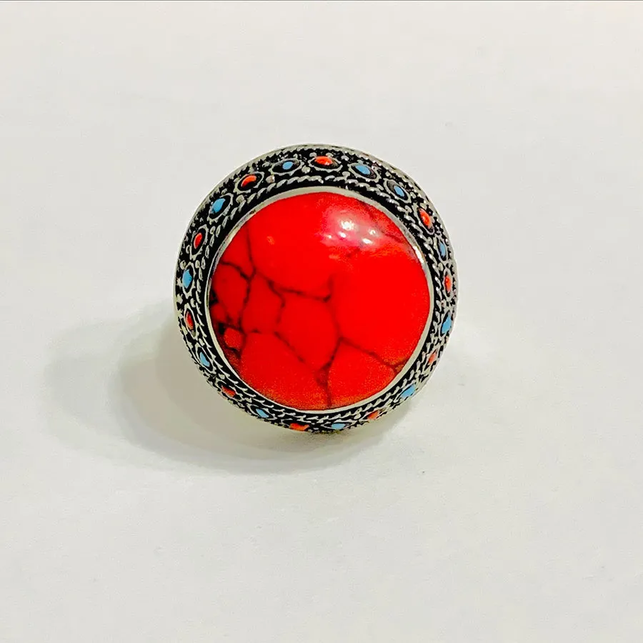 Handmade Coral Stones Beads Round Ring