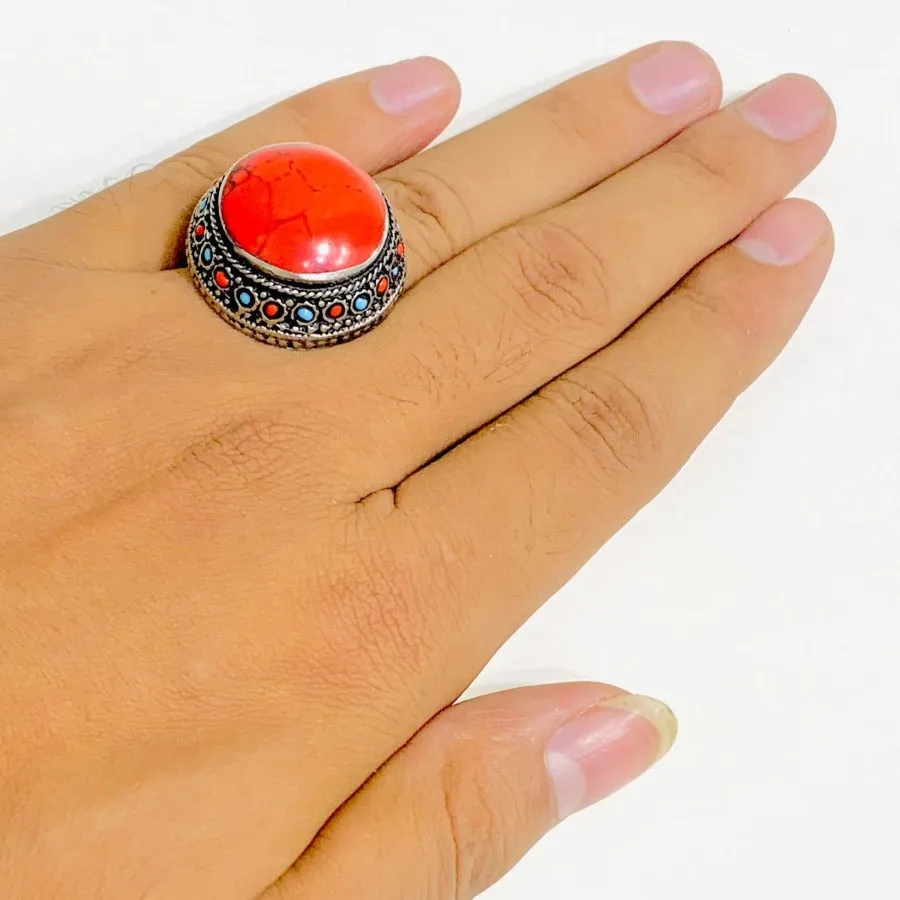 Handmade Coral Stones Beads Round Ring