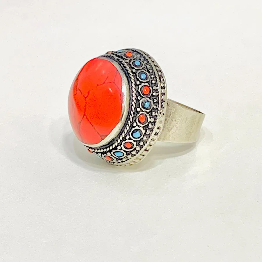 Handmade Coral Stones Beads Round Ring