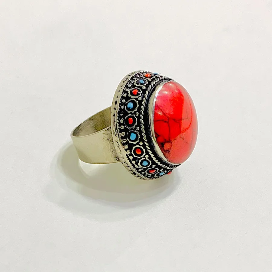 Handmade Coral Stones Beads Round Ring