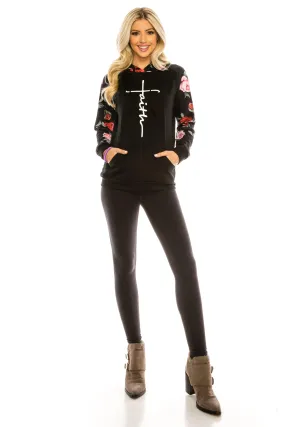 Haute Edition Women's Faith Floral Hoodie with Inspirational Bracelet 2-Piece Gift Set