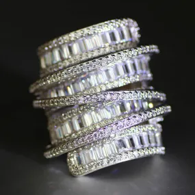 Huge Multi Row Baguette White Sapphire Crossover Statement Ring