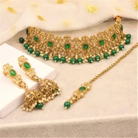 Husna Antique Gold Polki Choker Set - Green