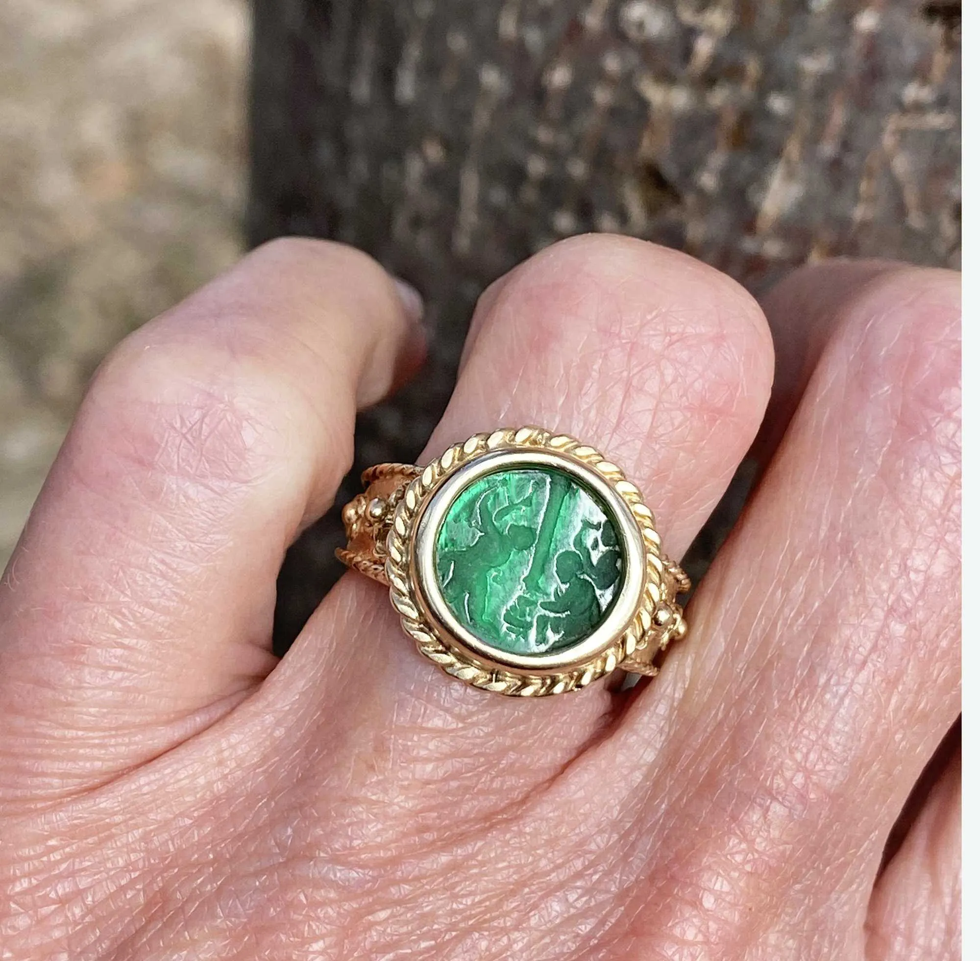 Italian 14K Gold Emerald Quartz Intaglio Ring - ON HOLD