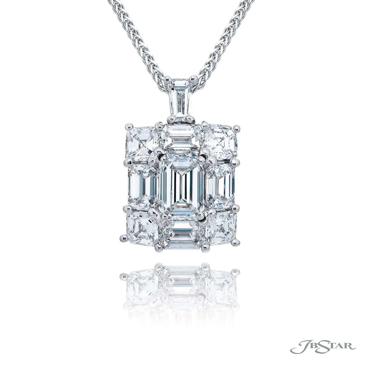 JB Star Platinum Diamond Pendant Necklace with Emerald and Asscher Cut Diamonds