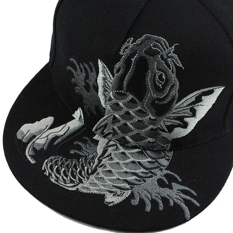 Koi Fish Embroidery Street Style Snapback Hip Hop Cap