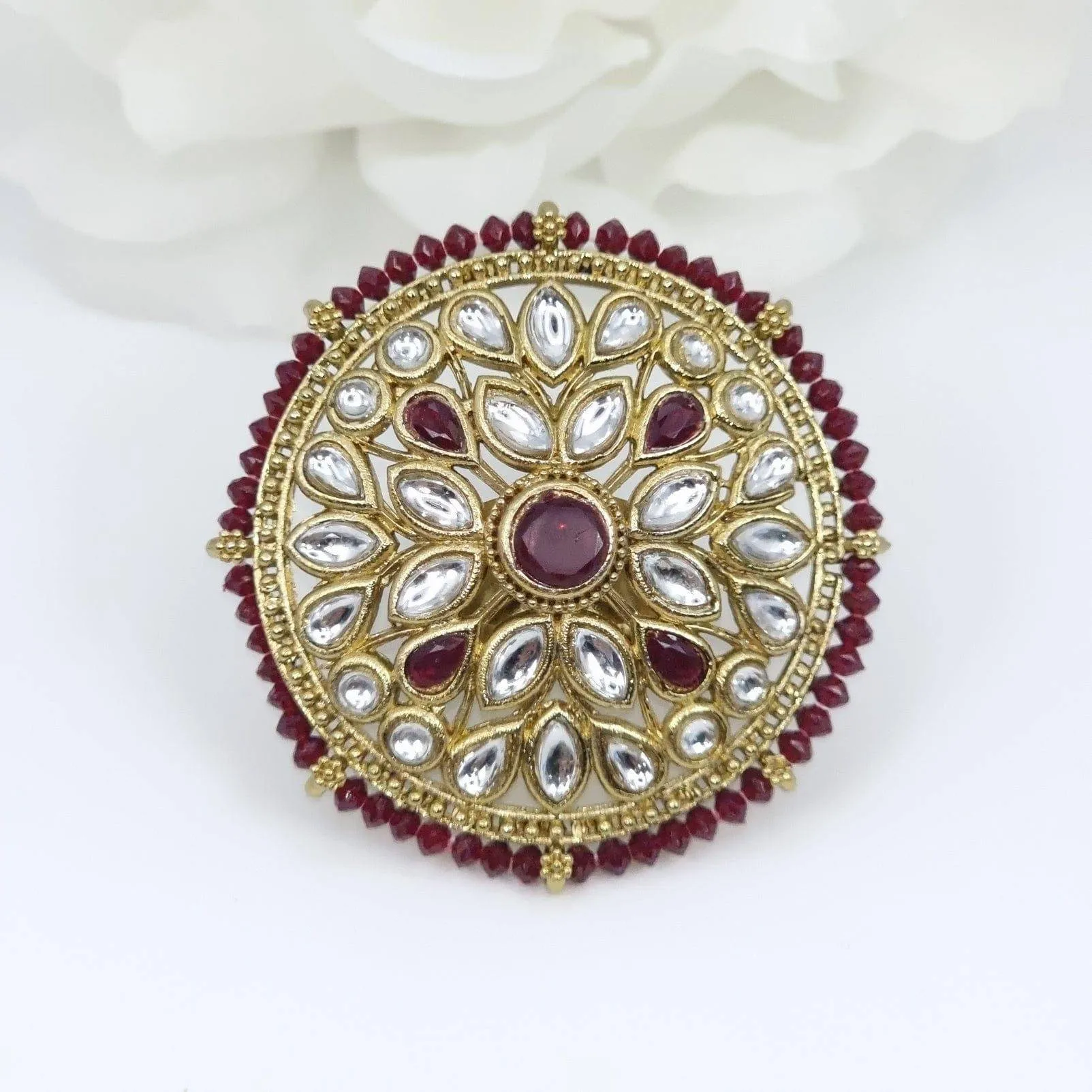 Kundan Mandala Statement Ring - Maroon