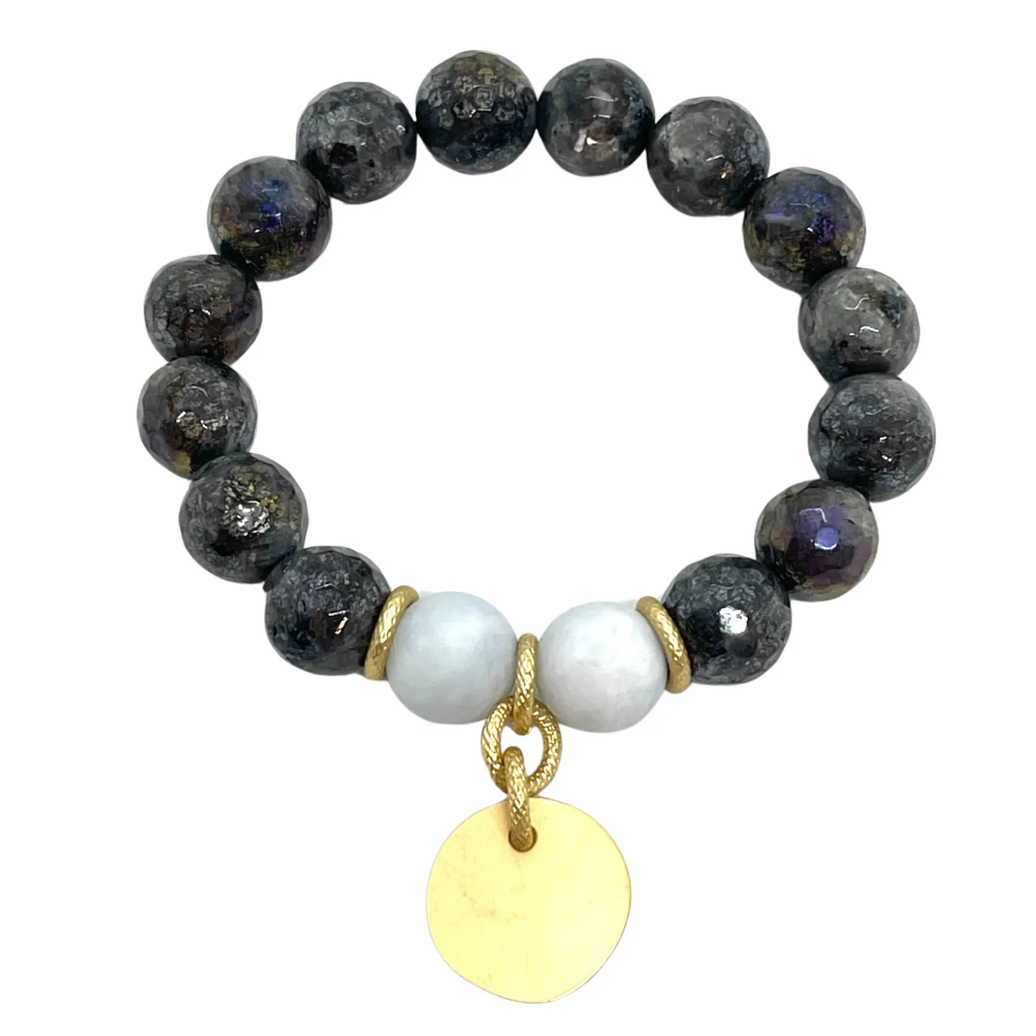 Lavakite and Matte Aquamarine Stretch Bracelet With Matte Gold Circle Charm