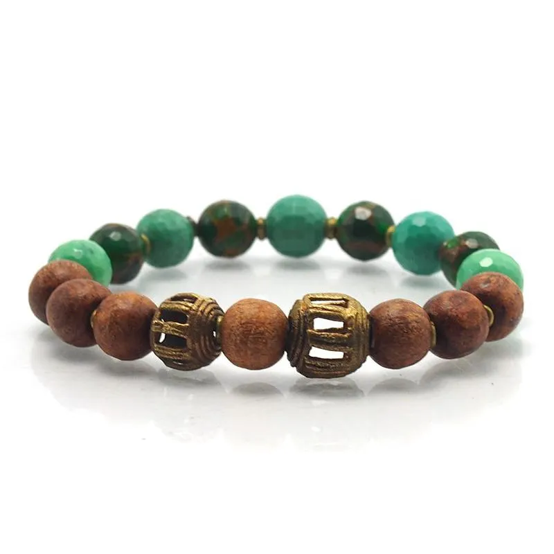 Mangowood, Chrysoprase and Mosaic Quartz Beads Elastic Bracelet with Brass Accents