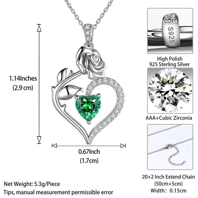 May Emerald Necklace Women Heart Birthstone Pendant Flower Rose Jewelry Birthday Gifts