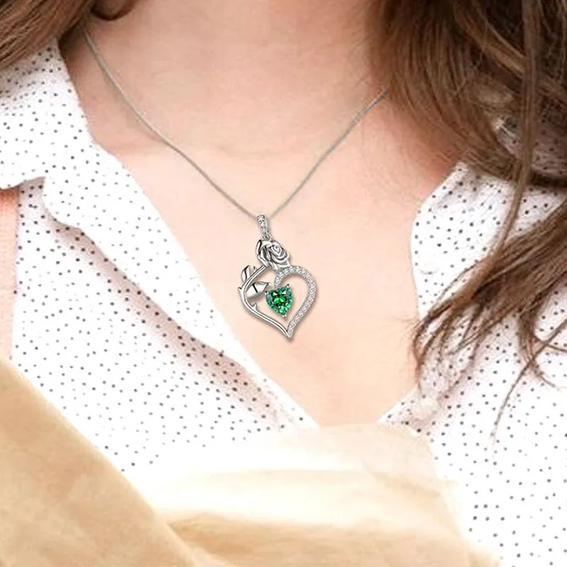 May Emerald Necklace Women Heart Birthstone Pendant Flower Rose Jewelry Birthday Gifts