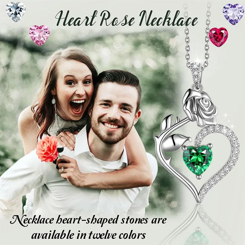 May Emerald Necklace Women Heart Birthstone Pendant Flower Rose Jewelry Birthday Gifts