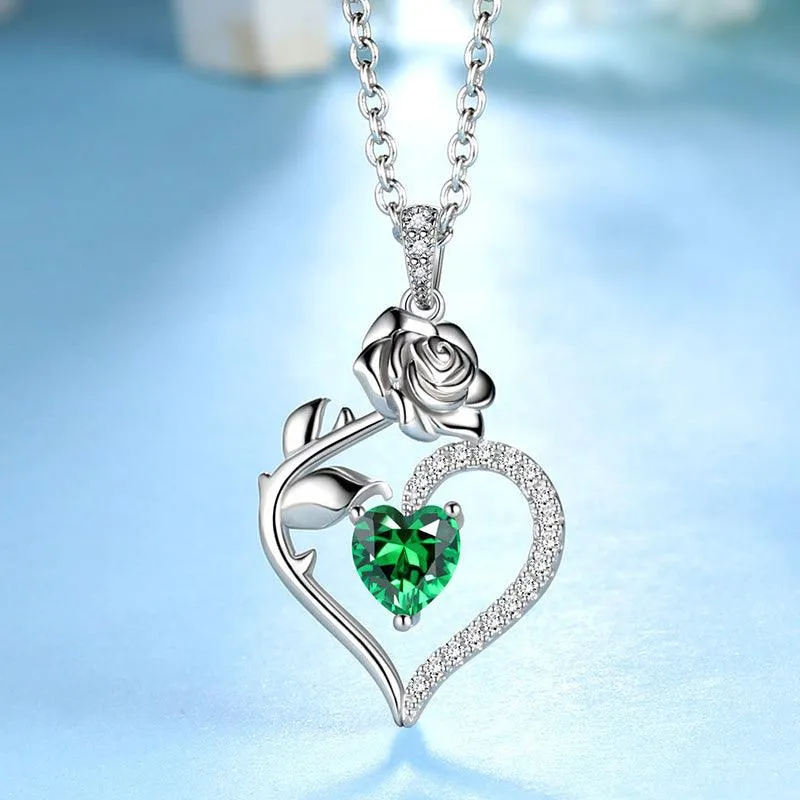 May Emerald Necklace Women Heart Birthstone Pendant Flower Rose Jewelry Birthday Gifts