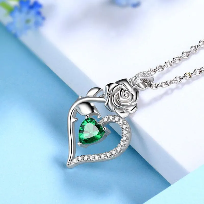 May Emerald Necklace Women Heart Birthstone Pendant Flower Rose Jewelry Birthday Gifts