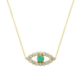 Medium Diamond Open Evil Eye Necklace with Emerald Center