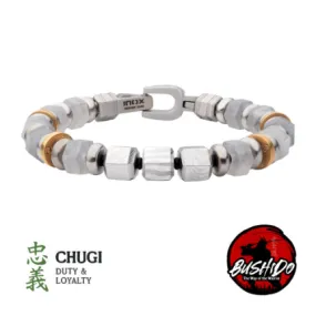 Men's 8mm Mokume Gane and White Quartz Beads Bushido Virtue Bracelet, 8.50"