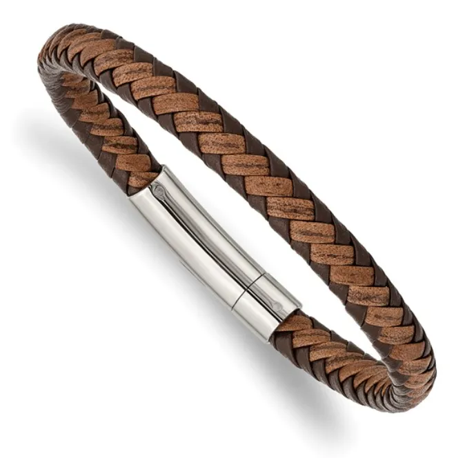 Men's Stainless Steel Brown Braided Leather Bracelet (SI3607)